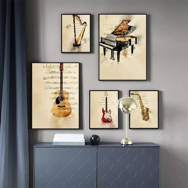 Picture Of Musical Instrument - 악기 피아노 기타 빈티지 스타일 프린트